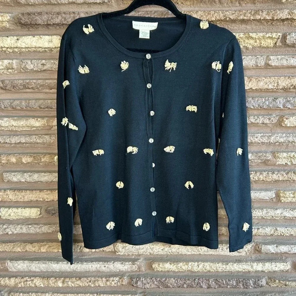 Doncaster Black Tan Fringe Lightweight Silk Blend Cardigan Sweater Size Large - Picture 1 of 5